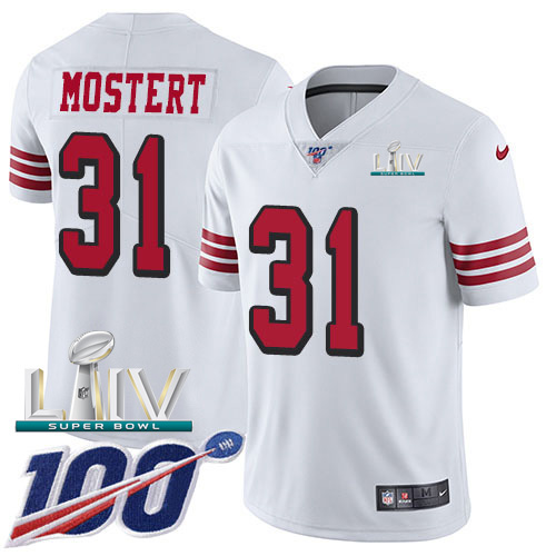 San Francisco 49ers Nike #31 Raheem Mostert White Super Bowl LIV 2020 Men Stitched NFL Limited Rush 100th Season Jersey